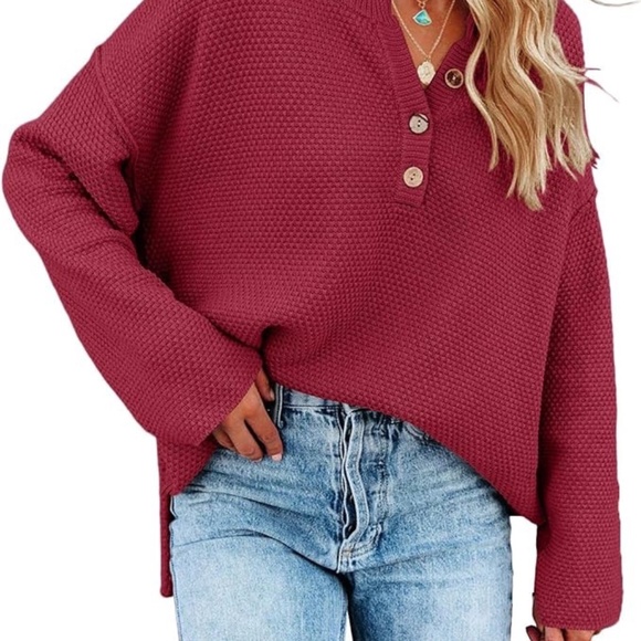 Red V-Neck Oversized Batwing Long Sleeve Loose V Neck Sweaters - Picture 1 of 11